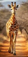 One giraffe walks the savanna between plants, wildlife. Generative AI photo