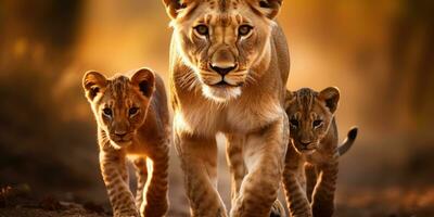 Lioness and cubs in wild and natural habitat. Generative AI photo