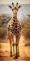 One giraffe walks the savanna between plants, wildlife. Generative AI photo