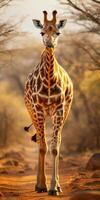 One giraffe walks the savanna between plants, wildlife. Generative AI photo