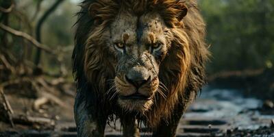 retrato de adulto masculino león, salvaje animal el naturaleza hábitat. cicatrizado león rostro. generativo ai foto