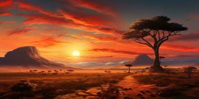 Beautiful sunset in Africa with a dead tree and bright colors. Generative AI photo