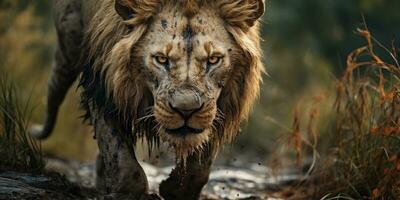 retrato de adulto masculino león, salvaje animal el naturaleza hábitat. cicatrizado león rostro. generativo ai foto