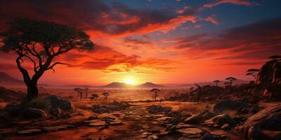 hermosa puesta de sol en África con un muerto árbol y brillante colores. generativo ai foto