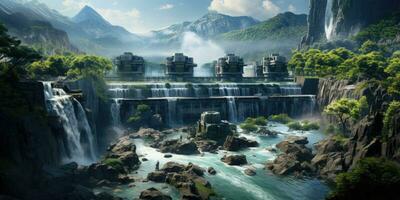Image of a hydroelectric dam, as source of energy the movement of water. Generative AI photo