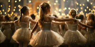 grupo de linda muchachas bailarinas el etapa de cerca. ballet. generativo ai foto