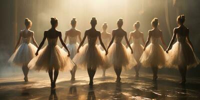 A group of girls ballerinas the stage close-up. Generative AI photo