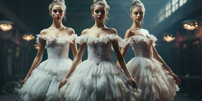 Tres mujer bailarinas bailando escenario. el muchachas son haciendo ballet. generativo ai foto