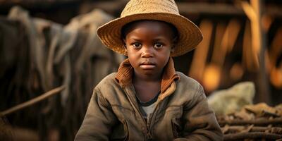 close-up of poor and hungry orphan boy, his face and clothes are dirty. Generative AI photo