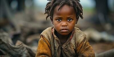 close-up of poor and hungry orphan boy, his face and clothes are dirty. Generative AI photo