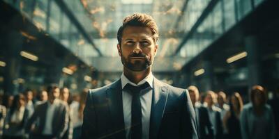 male businessman in a suit and tie on the street, on blurred background of people. Generative AI photo
