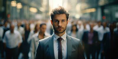 male businessman in a suit and tie on the street, on blurred background of people. Generative AI photo