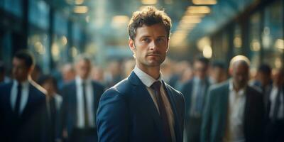male businessman in a suit and tie on the street, on blurred background of people. Generative AI photo