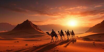 Camels in the dunes of the desert, sunset the desert, nature and travel theme.Generative AI photo