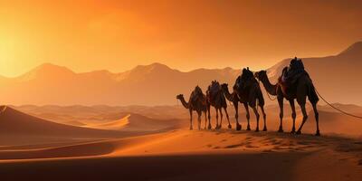 silhouettes of camels the dunes of the desert, sunset in the desert. Generative AI photo