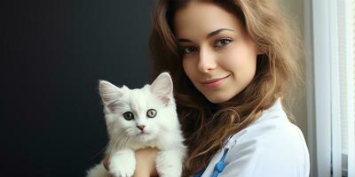 un hembra veterinario sostiene un linda alegre gato su brazos cercano. generativo ai foto