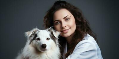 A female veterinarian holds a cute cheerful dog her arms nearby. Generative AI photo