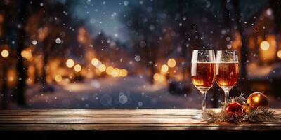 Mulled wine on a wooden background, place for text, product, Christmas background. Generative AI photo