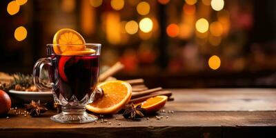 Cup with mulled wine, place for text or product, Christmas background. Generative AI photo