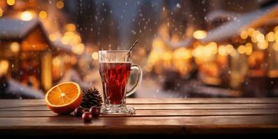 Christmas background, mulled wine on snow Wooden background, place for text, Generative AI photo