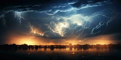 relámpago desde un nube de tormenta a noche. algunos relámpago durante tormenta. generativo ai foto