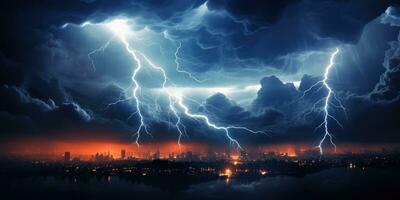 relámpago desde un nube de tormenta a noche. algunos relámpago durante tormenta. generativo ai foto