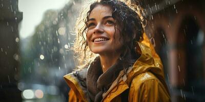 alegre mujer disfrutando el lluvia al aire libre, mujer mira arriba y capturas gotas de lluvia. generativo ai foto