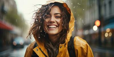 Cheerful woman enjoying the rain outdoors, woman looks up and catches raindrops. Generative AI photo