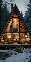 Triangular house in the winter forest. Frame house made stone and wood. Generative AI photo