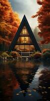 Triangular frame house in the autumn forest near the lake. Generative AI photo