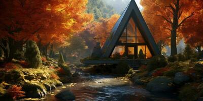 Triangular frame house in the autumn forest. Prefabricated structures stone. Generative AI photo