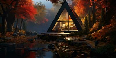 Triangular frame house in the autumn forest. Prefabricated structures stone. Generative AI photo