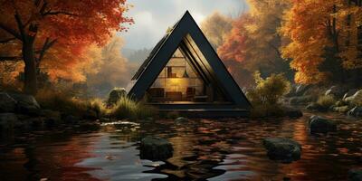 Triangular frame house in the autumn forest. Prefabricated structures stone. Generative AI photo