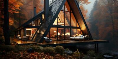 Triangular frame house in the autumn forest. Prefabricated structures stone. Generative AI photo