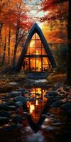 Triangular frame house in the autumn forest. Prefabricated structures stone. Generative AI photo