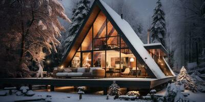 Triangular frame house in the winter forest near the lake. Generative AI photo