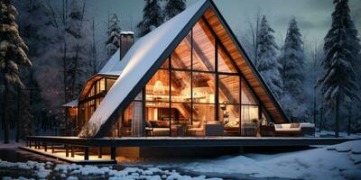 Triangular house in the winter forest. Frame house made stone and wood. Generative AI photo