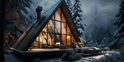 Triangular frame house in the winter forest near the lake. Generative AI photo