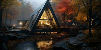 Triangular frame house in the autumn forest. Prefabricated structures stone. Generative AI photo