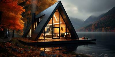 Triangular frame house in the autumn forest near the lake. Generative AI photo
