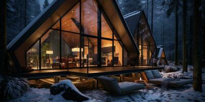 Triangular house in the winter forest. Frame house made stone and wood. Generative AI photo