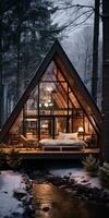 Triangular house in the winter forest. Frame house made stone and wood. Generative AI photo