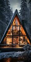 Triangular frame house in the winter forest near the lake. Generative AI photo