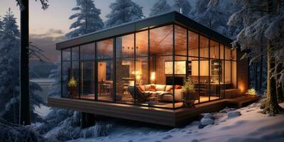 Triangular house in the winter forest. Frame house made stone and wood. Generative AI photo
