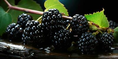 ripe and unripe blackberry on a bush with selective focus. Generative AI photo