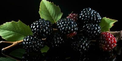 ripe and unripe blackberry on a bush with selective focus. Generative AI photo