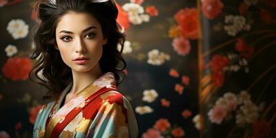 hermosa joven mujer en kimono en un floral antecedentes. generativo ai foto