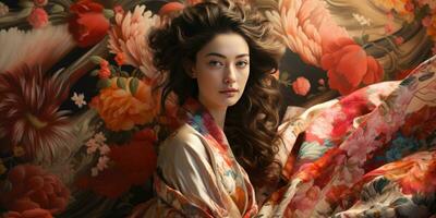 Beautiful young woman in kimono on a floral background. Generative AI photo