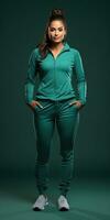 mujer en verde fondo, aptitud física, sano estilo de vida concepto. generativo ai foto