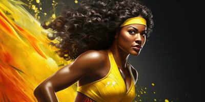 Illustration Young American woman in sports yellow clothes. Sport lifestyle concept. Generative AI photo